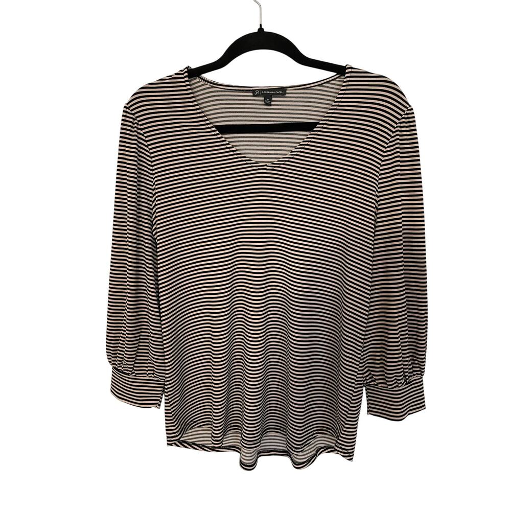 Adrianna Papell Women Medium Blouse Striped Cream Black LongSleeve VNeck Stretch